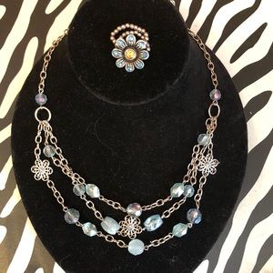 Flower & blue beaded necklace & flower ring